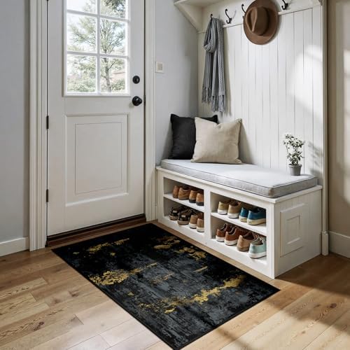 RELEANY Washable 3'x4' Abstract Area Rug for Living Room Black Gold