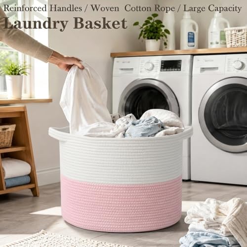 115L Extra Large Pink Woven Cotton Rope Basket with Handles