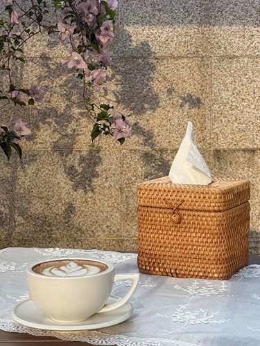 Rattan Tissue Box Cover Woven Facial Napkin Holder Square / Natural / 5.7 x 5.7 x 5.5