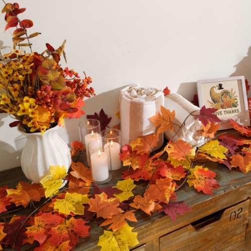 CQURE 10 Pack Fall Garland, Total 79Ft Artificial Autumn Maple Leaves Garland Hanging Vines, Thanksgiving Halloween Harvest Decor for Fireplace Mantle Table Indoor Outdoor
