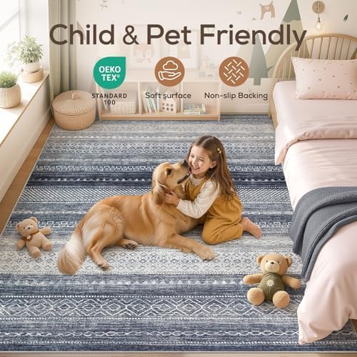 6x8 Area Rugs Living Room: Washable Boho Large Neutral Soft Rug Modern Stain Resistant Moroccan Indoor Non Slip Floor