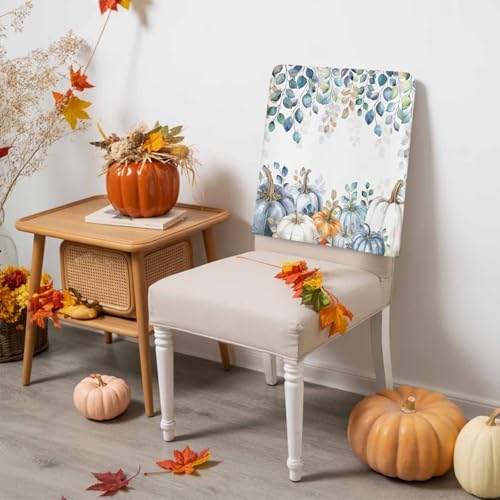 Fall Chair Covers Blue Eucalyptus Leaves Pumpkin Chair Slipcover Protector Removable Stretch Chair Covers Autumn Watercolor Leaf Thanksgiving Chair Back Covers for Dining Chairs Kitchen Holiday Party