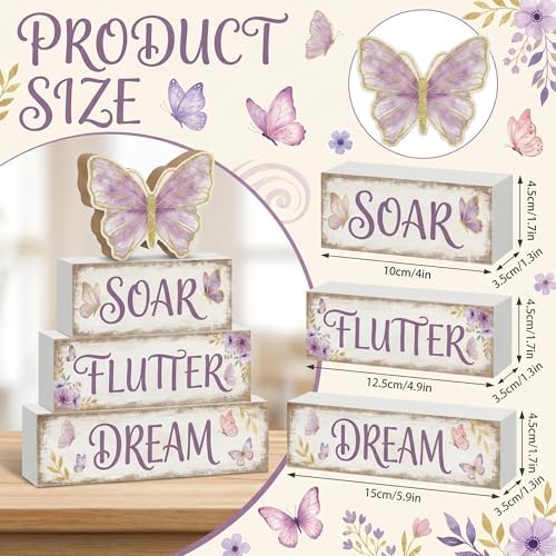 Britimes Tiered Tray Decor Set, 4 Pack, Wooden Table Sign, Butterfly Floral