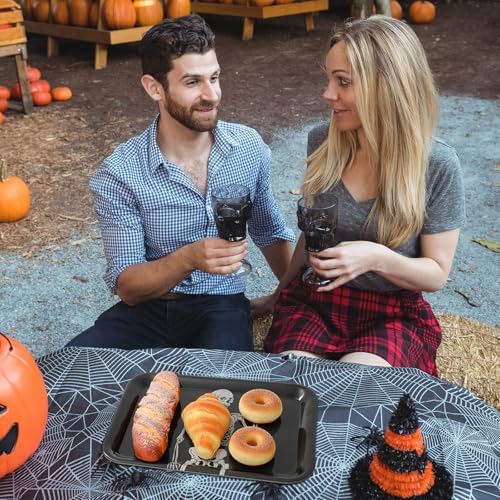 Whaline 3Pcs Halloween Serving Trays Black Skeleton Plastic Platter Serving Dishes Reusable Trays for Party Sharing Snack Fruit Dessert Supplies, 10 x 13 Inch