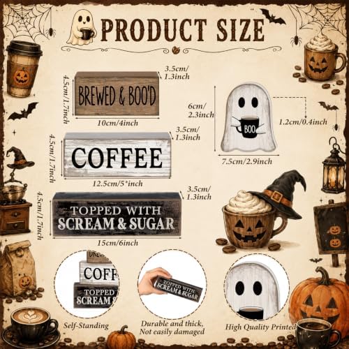 Lineshading 4 Pcs Halloween Ghost Blocks, Wooden Coffee Farmhouse Decor