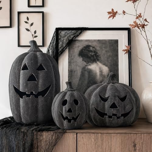 Halloween Decorations Outdoor - Black Handmade Terracotta Jack O Lantern