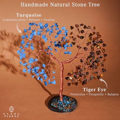Handmade Healing Crystal Tree of Life Pink Tiger Eye and Turquoise Chakra Tree for Money, Good Luck, Feng Shui Home