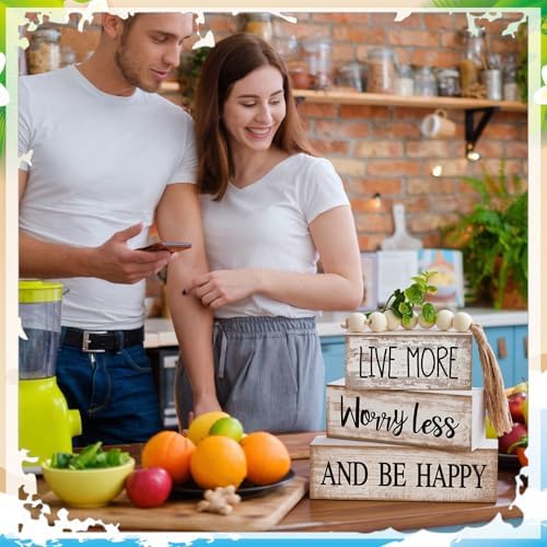 Moucuny 4 Pcs Inspirational Farmhouse Table Decor Rustic Stacked Wooden Block Sign - Live More Worry Less Be Happy