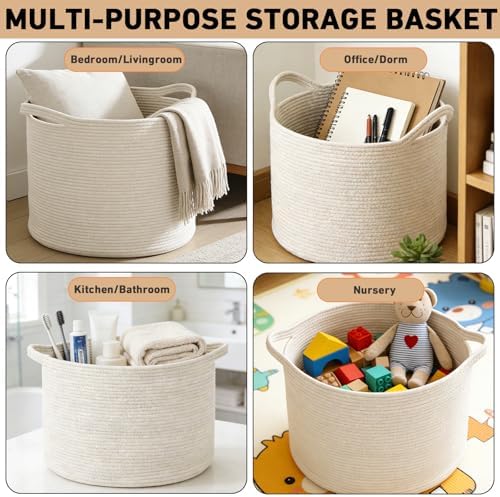 65L Large Blanket Basket,Woven Rope Laundry Basket-White