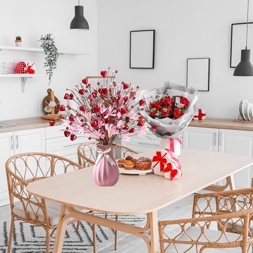 Valentine’s Day Gifts 12 Pcs Heart Shaped Berry Picks Artificial Red Heart Berry Twigs Forsythia Stem Branches with Pink Flowers for Valentine’s Day Anniversary Flower Bouquets Wedding Home Decor