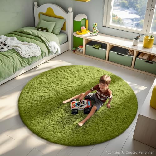 Ophanie Round Rug 6Ft Green Circle Area Rug, Green Room Decor, Fluffy Fuzzy Bedroom Carpet, Plush Soft Shaggy Living