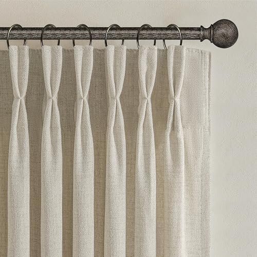 Warm Beige Flax Linen Memory Trained Pinch Pleated Sheer Curtains 90 Inches Long for Bedroom, Rustic Country Dark Taupe