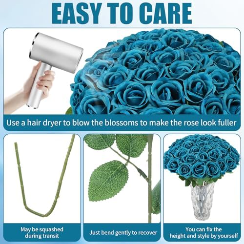 36 Pcs Teal Artificial Roses with Long Stems