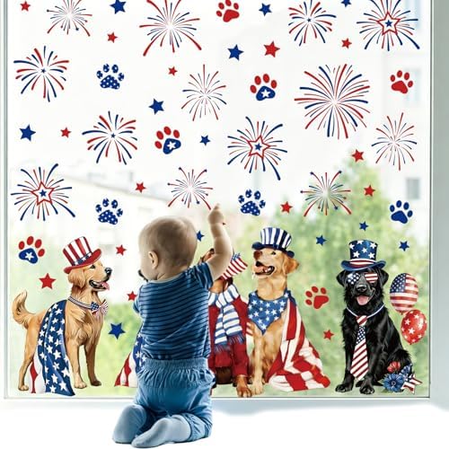 JarThenaAMCS 2 Sheet Patriotic Dog Window Clings Window Decal 4th of July Star Firework Dog Reusable Anti-Collision Windows Decor for 250th Anniversary Independence Day Memorial Day Party Supplies
