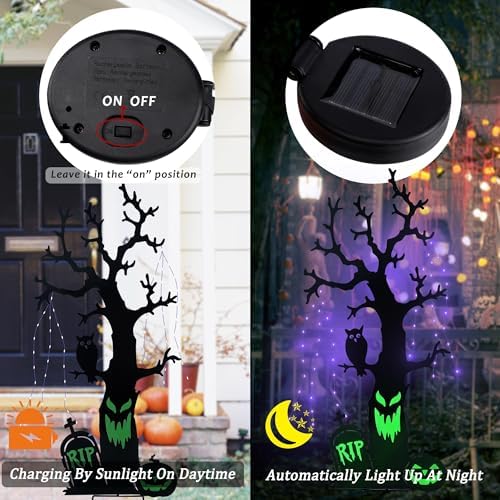 Solar Halloween Yard Decorations, 43 Inch Outdoor LED Solar Powered Haunted Tree Stakes Halloween Outdoor Decorations, Metal Spooky Tree Garden Stakes Lawn Yard Ornament