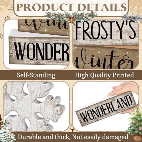 Lineshading 4 Pcs Winter Table Decorations Wooden Snowflake Decor Winter Tiered Tray Decor Rustic Snow Block Signs Gift