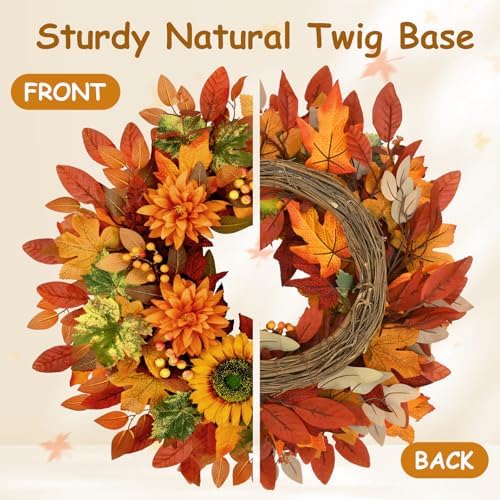 2 Pcs Fall Wreaths for Front Door,22 inch Autumn Sunflower Wreath