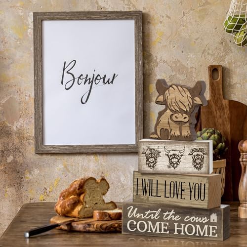 Moucuny 4 Pcs Highland Cow Table Decorations Cow Wooden Signs