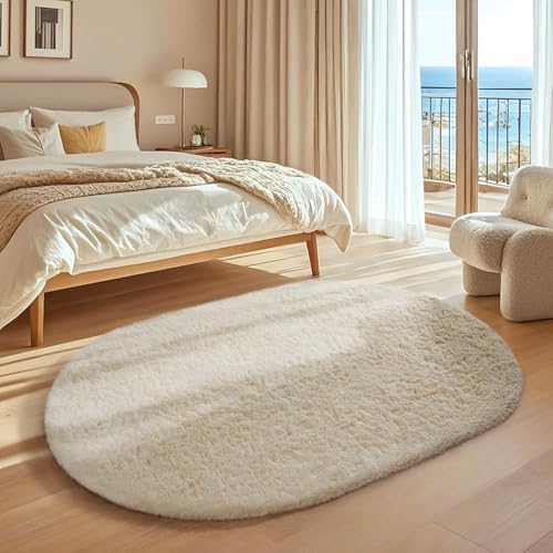Ophanie 4x6 Oval Ivory Rugs for Bedroom Living Room Washable,Fluffy Fuzzy Furry Carpet,Plush Soft Shaggy Indoor Floor