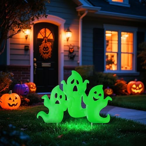 YiYa Halloween Garden Decorations Metal Halloween Ghost Yard Signs with Stake Metal Ghost Stakes with Glow in The Dark for Outdoor Lawn Decor Yard Garden Decor
