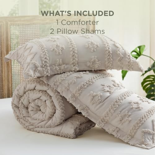 Bedsure Tufted Boho Comforter Set Queen Size - Linen Boho Bed Set, GentleSoft™ 3 Pieces Farmhouse-Style Embroidery