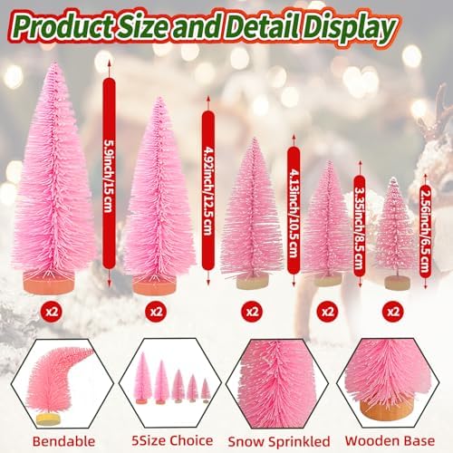 Yahpetes Christmas Trees 10 Pcs Bottle Brush Christmas Trees 5 Size Artificial Mini Christmas Sisal Snow Frost Trees Pine Trees with Wood Base for Tabletop Christmas Party Home Indoor Decor (Pink)