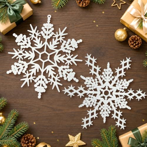 12pcs Large Christmas Snowflakes Decorations, 12" Big Plastic Glitter White Snowflake Ornaments for Winter Indoor Outdoor Christmas Tree Holiday Window Room Decor Craft Snowflakes