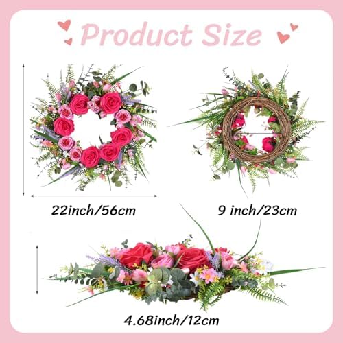 22 Inch Valentines Day Wreaths for Front Door Pink Peony Wreath with Roses Tulips Daisies Valentine Door Decorations for Home Wall Wedding Holiday Party Anniversary