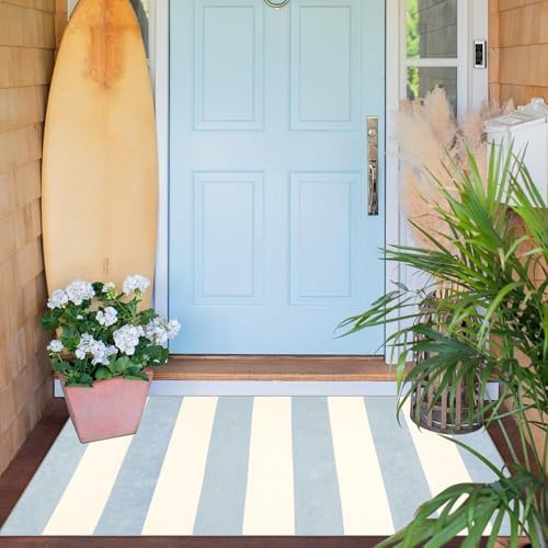 Blue White Striped Outdoor Rug - 28" x 43" Front Door Mat Indoor Outside Entrance Non-Slip Washable Summer Welcome Mat