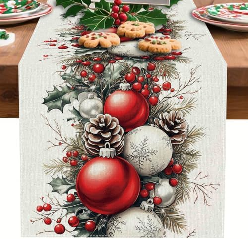 Christmas Table Runner, Seasonal Winter Kitchen Table Decoration, Suitable for Winter Christmas Family Gathering Indoor 13x72 inches (13x72 inches, Red and White Bell)
