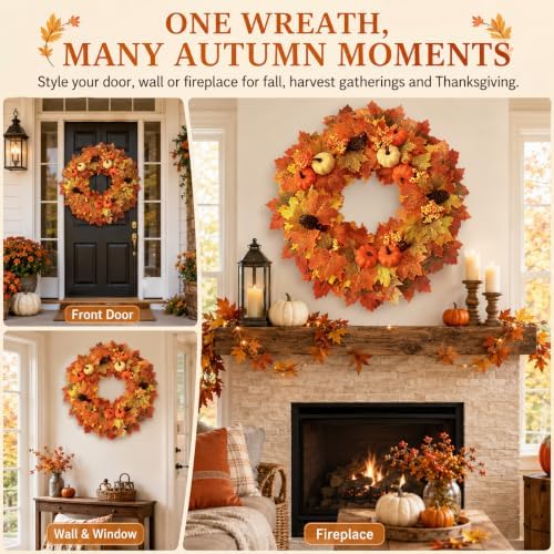 Wironlst 22 Inch Fall Wreaths for Front Door with Artificial Maple Leaf