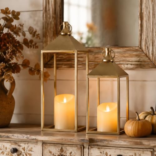 Decorative Candle Lanterns Indoor, 2 Pcs Gold Metal Lanterns with Candles