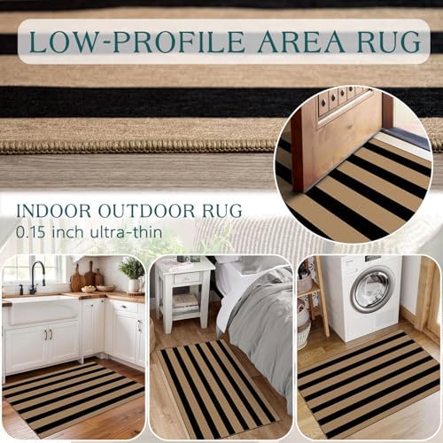 Front Door Mat Indoor Outside Entrance 2x3 Black Tan Striped Rug