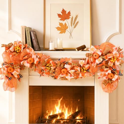 Waipfaru 6 FT Fall Garland for Mantel, Autumn Garland with Pumpkin Ribbon & Berries, Thanksgiving Vine for Table Centerpiece, Fall Party Decor for Fireplace & Modern Farmhouse