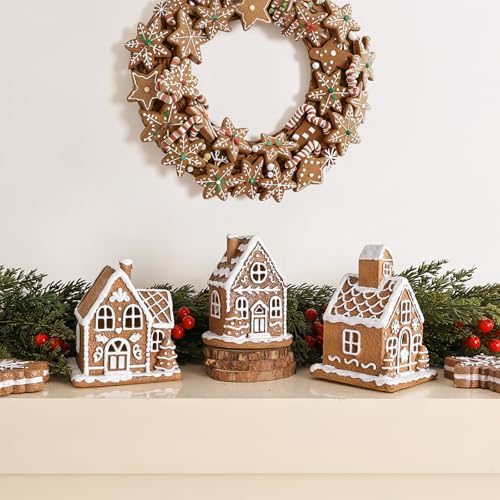 Resin Christmas Decorations: 3Pcs Light-Up Gingerbread House Christmas Village Collectible Figurines, Battery Powered LED Lights, Classic Gifts Swedish Xmas Decorations for Home Table Décor
