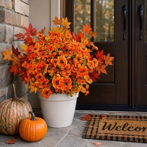 10Pcs Artificial Fall Flowers Outdoor UV Resistant, Faux Mums Orange Silk Flowers with 3-Tone Maple Leaves for Porch Planters, Thanksgiving Autumn Harvest Decor, 14 Inch