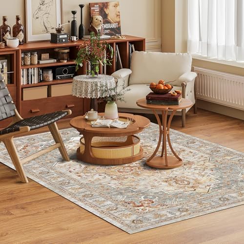 Washable Area Rug 4' x 6' Vintage Traditional Persian Mat - Foldable Distressed Non-Slip Machine Washable Carpet for