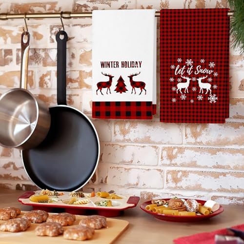 JOOCAR Red Deer Kitchen Towels Christmas Dish Towels Set of 2, 16x27 Inch Seasonal Witner Holiday Drying Dishcloth, Red Buffalo Plaid Decoration Hand Towels for Kitchen Bathroom