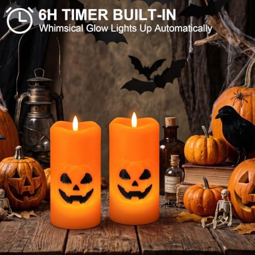 Halloween Pumpkin Flameless Pillar Candles with 6H Timer, 2PCS