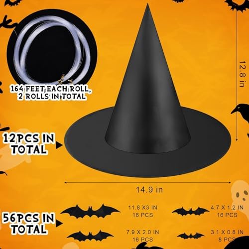 80 Pcs Halloween Hanging Witch Hats and Taper Floating Candles Set