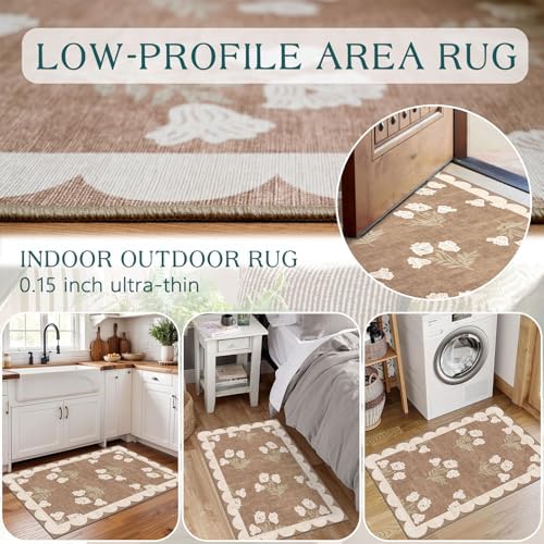 Front Door Mat Outside Entrance - 2x3 Floral Non-Slip Washable Doormat Indoor Outdoor Mat Tan Neutral Farmhouse