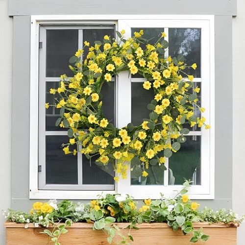 Pinkpum 22" Daisy Eucalyptus Wreath for Front Door, Artificial Spring Summer Floral Wreath for Front Door, Home