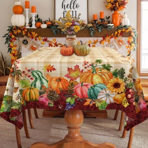 Fall Plaid Tablecloth Rectangle 60 x 120 Inch, Stain Resistant Washable Fabric Autumn Harvest Pumpkin Tablecloths Rectangular Fall Table Cloth Rectangle Table Cover for Kitchen Dining Party
