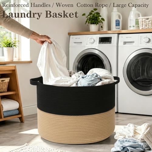 115L Extra Large Blanket Basket,Woven Laundry Basket-Black&Camel