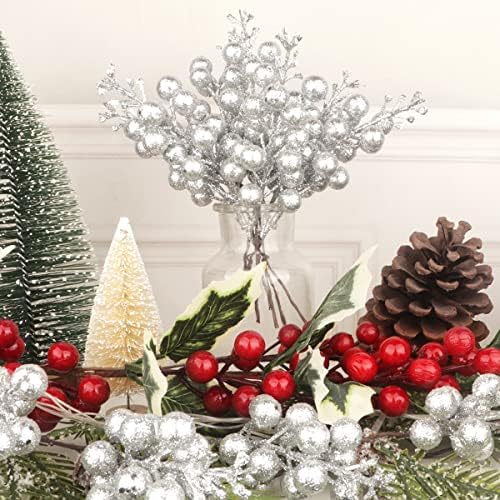 24 Pack Glitter Silver Berry Stems,7.5 Inch Christmas Sparking Silver Faux Winter Berry Sprigs,Artificial Berries Branches for Christmas Tree Garland Wreath Crafts Season Winter Home Decor