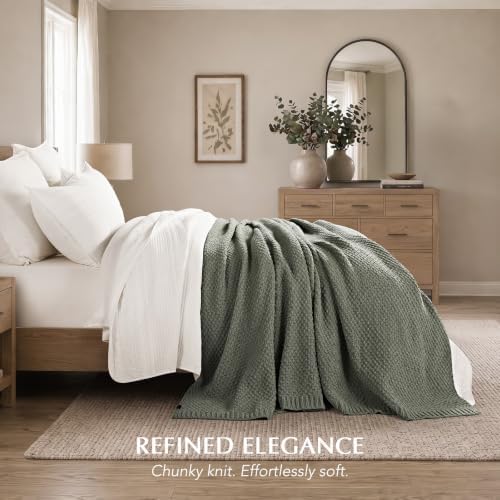 EVERGRACEHOME Chunky Chenille Knit Throw Blanket, 90x90, Dried Thyme Green