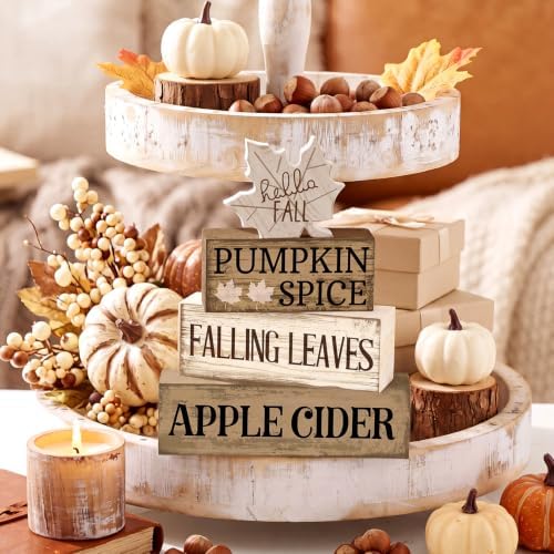 Moucuny 4 Pcs Neutral Fall Table Decor for Home Maple Leaf Wooden Blocks