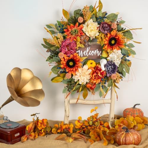 Artificial Harvest Fall Wreaths for Front Door 24 Inch Autumn Wreath
