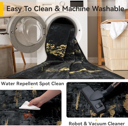 RELEANY Washable 7'x10' Abstract Area Rug for Living Room Black Gold