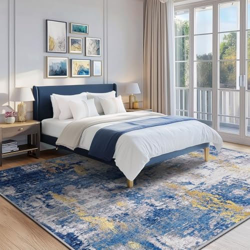 RELEANY Washable 7'x9' Abstract Area Rug for Living Room Blue Gold